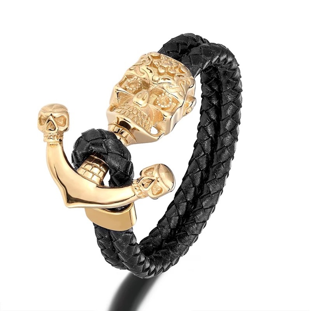 Men Skull Bracelet Punk Leather Charm Anchor Accessories Man Stainless Steel